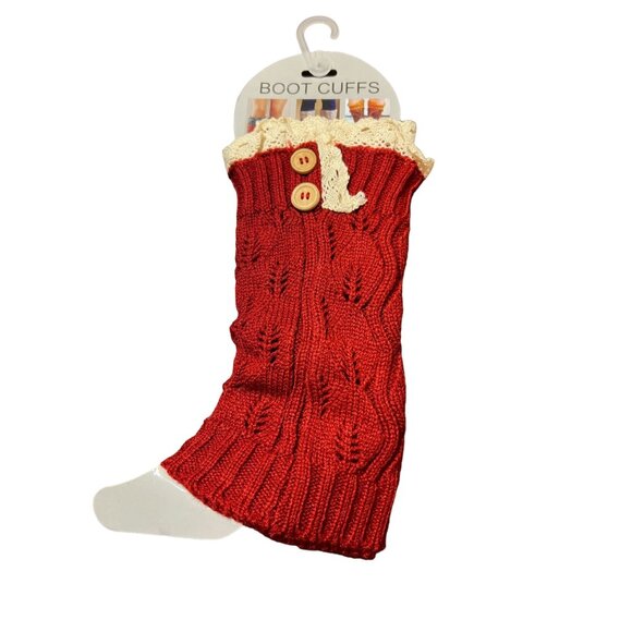 Red Knit Boot Cuffs With Lace Trim & Wooden Buttons 100% Acrylic NEW - Picture 1 of 4